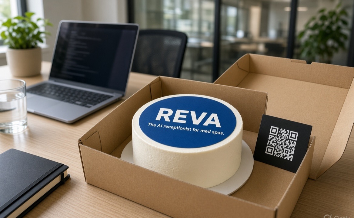 A Reva cake, open on an investor's desk, with the pitch card beside it